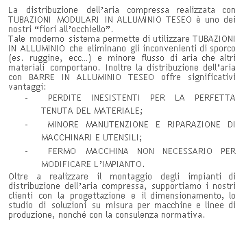 Casella di testo: La distribuzione dellaria compressa realizzata con TUBAZIONI MODULARI IN ALLUMINIO TESEO  uno dei nostri fiori allocchiello.
Tale moderno sistema permette di utilizzare TUBAZIONI IN ALLUMINIO che eliminano gli inconvenienti di sporco (es. ruggine, ecc) e minore flusso di aria che altri materiali comportano. Inoltre la distribuzione dellaria con BARRE IN ALLUMINIO TESEO offre significativi vantaggi:
-      PERDITE INESISTENTI PER LA PERFETTA TENUTA DEL MATERIALE;
-      MINORE MANUTENZIONE E RIPARAZIONE DI MACCHINARI E UTENSILI;
-      FERMO MACCHINA NON NECESSARIO PER MODIFICARE LIMPIANTO.
Oltre a realizzare il montaggio degli impianti di distribuzione dellaria compressa, supportiamo i nostri clienti con la progettazione e il dimensionamento, lo studio di soluzioni su misura per macchine e linee di produzione, nonch con la consulenza normativa.
 
